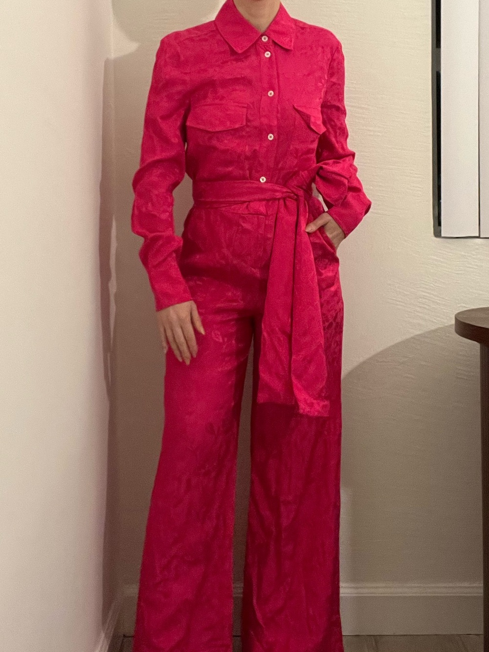 STAUD Pink jacquard Jumpsuit with tie belt